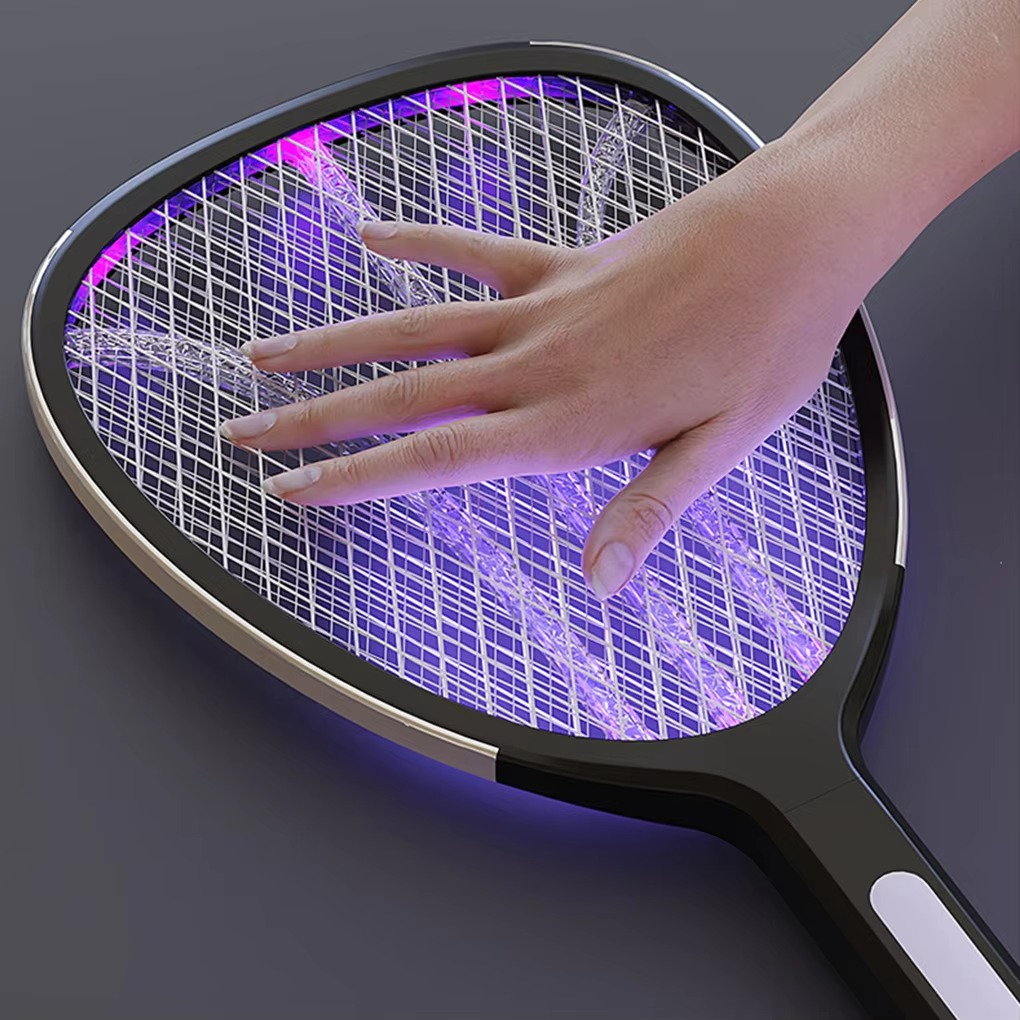 Electric mosquito killer and fly swatter, 3-in-1 design. USB-C rechargeable pest control for all flying insects.