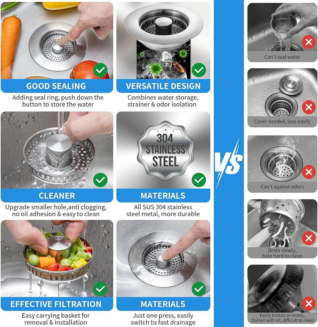Pop-up kitchen sink drain filter and stopper for anti-odor and clog prevention.