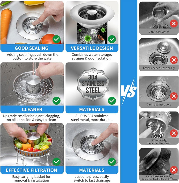Pop-up kitchen sink drain filter and stopper for anti-odor and clog prevention.