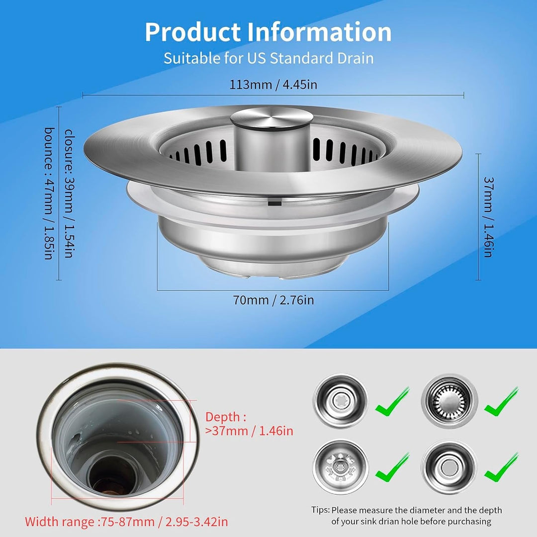 Easy install 3-in-1 kitchen sink drain strainer, stopper & filter, essential kitchen tool.
