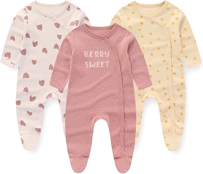 Comfortable 3-pack cotton infant rompers for babies 3-12 months. Soft long sleeve bodysuits, ideal baby apparel.