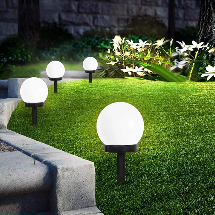 3-pack waterproof LED solar sphere garden lights for outdoor decor.