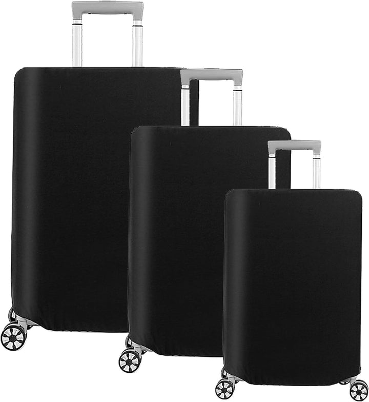 3-piece stretchable luggage cover set in black, protecting suitcases from scratches & dust during travel.