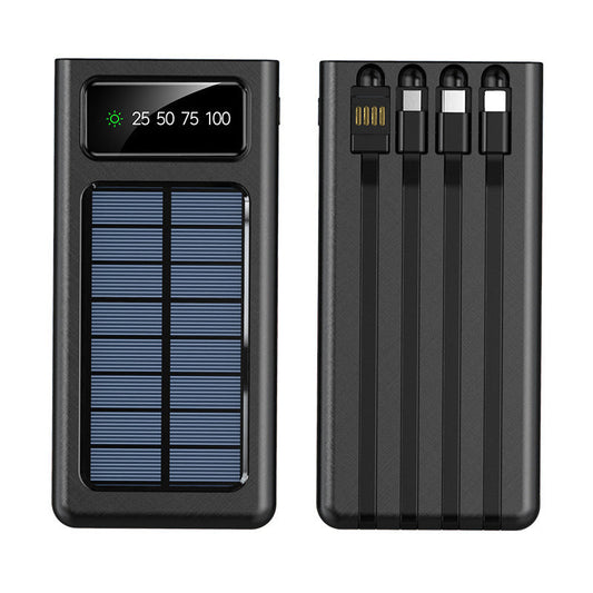 30000mAh solar power bank, 4 USB ports, built-in cables, outdoor emergency charger