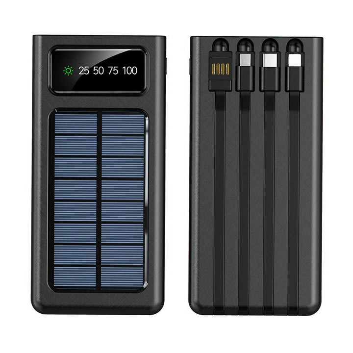 30000mAh solar power bank, 4 USB ports, built-in cables, outdoor emergency charger