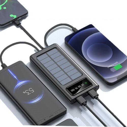 Portable 30000mAh solar power bank charging a phone, outdoor use, waterproof design