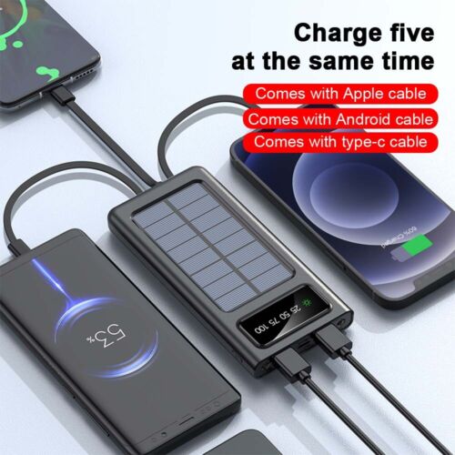 Solar power bank with built-in charging cables, 4 USB outputs, high capacity 30000mAh