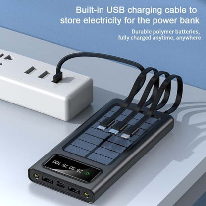 Compact 30000mAh solar charger with integrated cables, perfect for hiking and survival