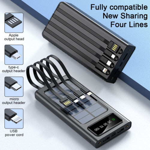 High-capacity 30000mAh portable solar charger, 4 USB outputs, fast charging capabilities