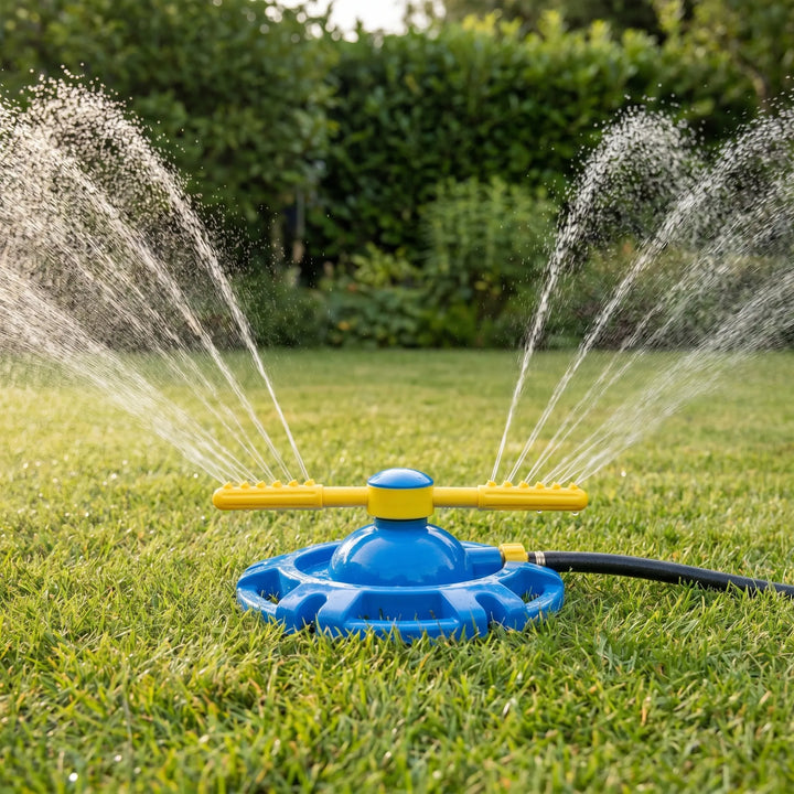 360-degree rotating outdoor water sprinkler for kids' summer fun. Perfect backyard water play toy for children.