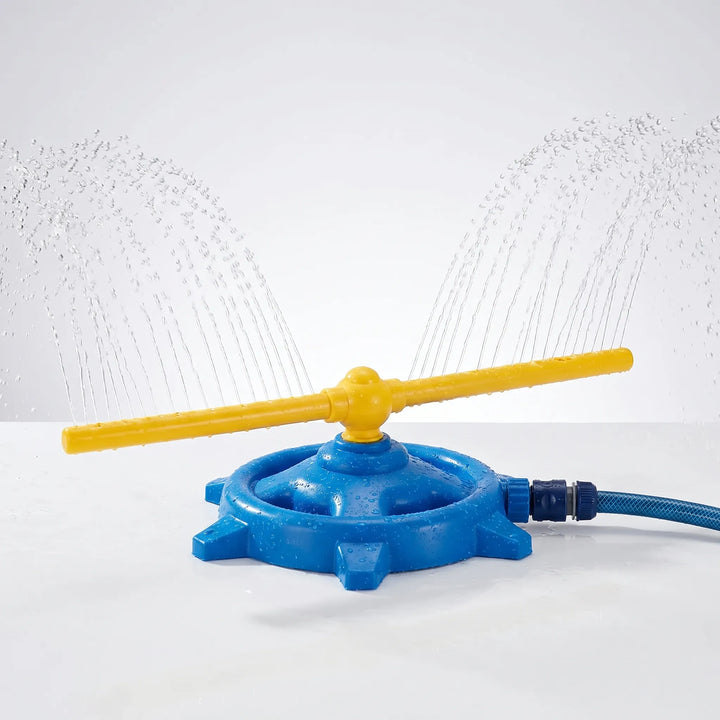 Durable outdoor water sprinkler, 360-degree rotation, perfect for kids' summer water play and lawn cooling.