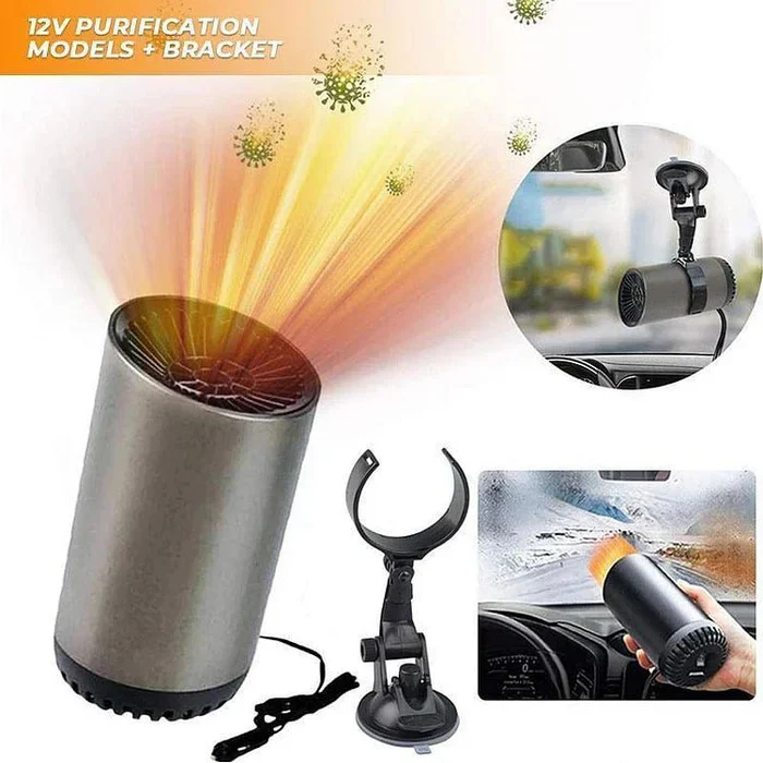 Portable 12V car heater & fan. 360° adjustable auto accessory for defrosting and cooling in vehicles.