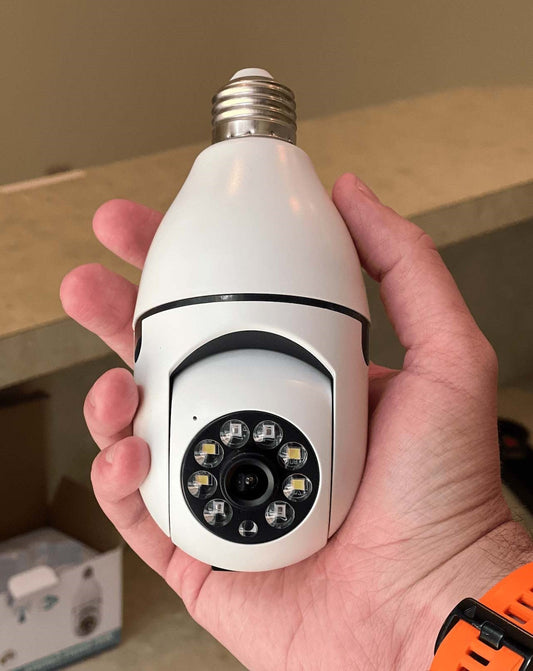 360° Security Light Bulb Camera with night vision and motion tracking for smart home surveillance.