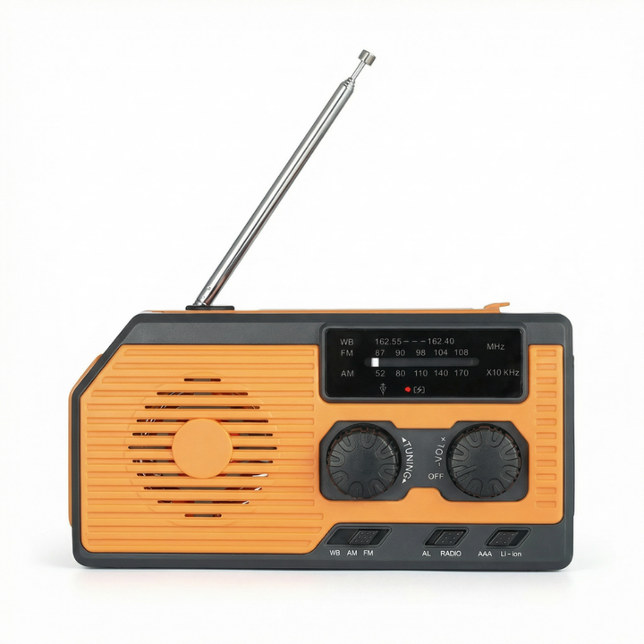4-in-1 emergency radio with solar panel, hand crank, and power bank for preparedness