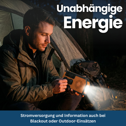 Compact solar powered emergency radio and power bank; essential outdoor gear survival tool
