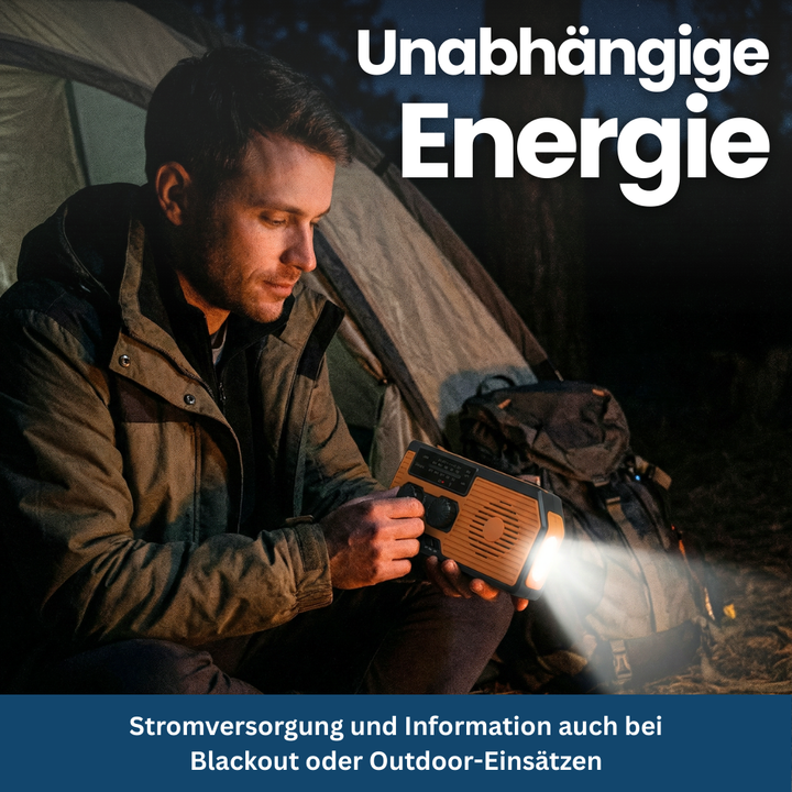 Compact solar powered emergency radio and power bank; essential outdoor gear survival tool
