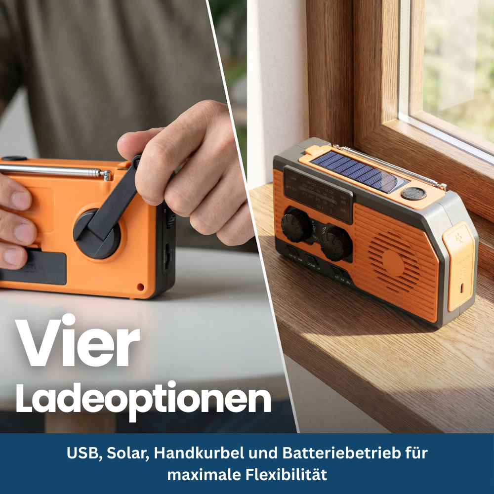 Hand crank emergency radio with built-in power bank, ideal for blackouts and camping