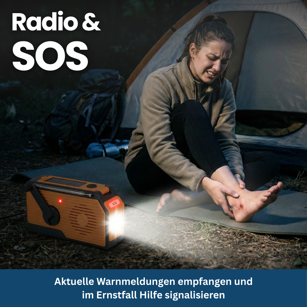 Blackout ready 4-in-1 emergency radio featuring solar charging and mobile power bank