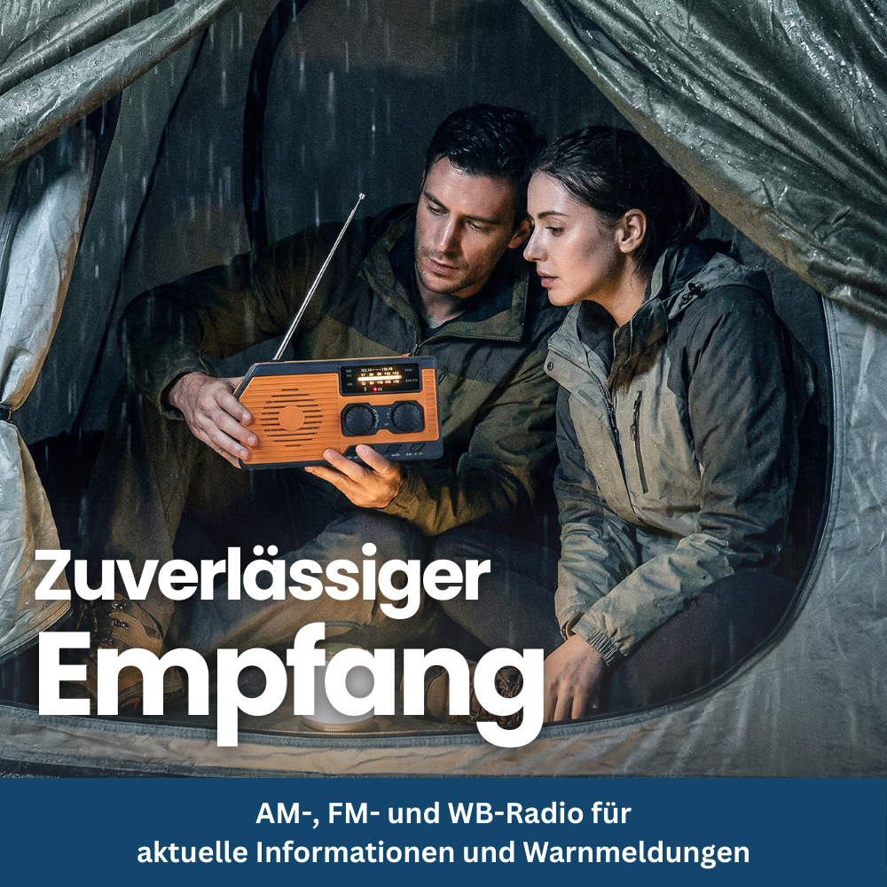 Emergency radio with hand crank mechanism; also functions as a power bank and solar charger