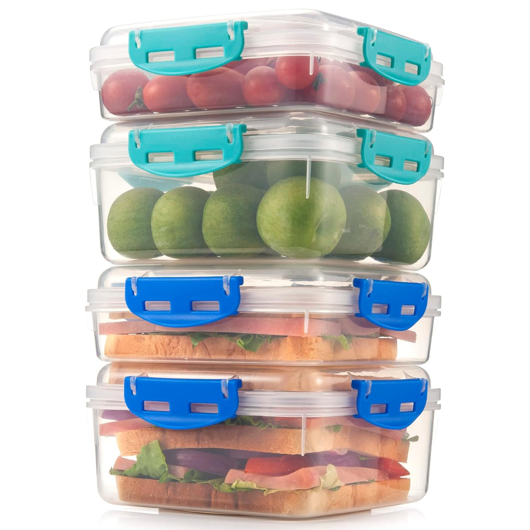 Stackable 4-pack food storage containers. Airtight & leakproof for pantry organization and fresh food preservation.