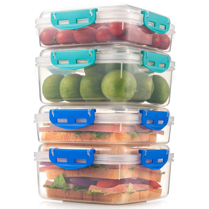 Stackable 4-pack food storage containers. Airtight & leakproof for pantry organization and fresh food preservation.
