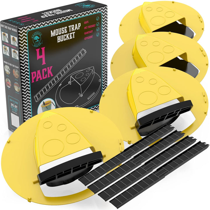 4-Pack Bucket Lid Mouse Trap for automatic, multi-catch rodent control. Reusable, easy setup for indoor/outdoor use.