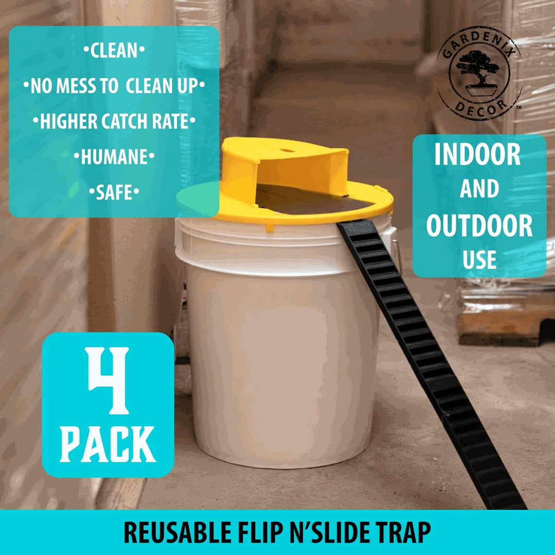 Effective 4-Pack reusable bucket lid mouse traps for indoor/outdoor pest management & home protection.
