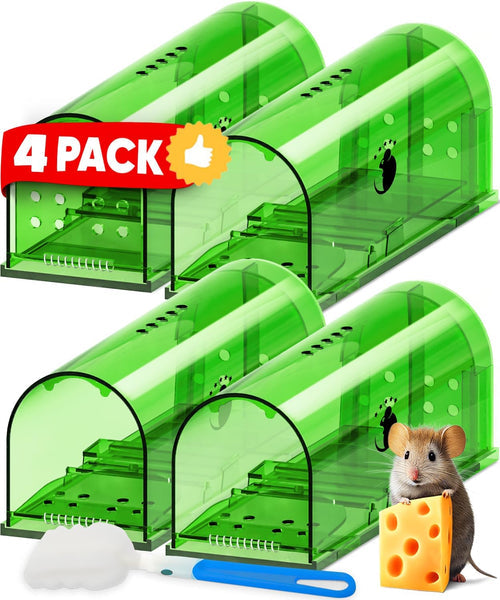 4-pack of humane live catch mouse traps for indoor/outdoor pest control. Reusable, pet & child safe, no-kill rodent solution.