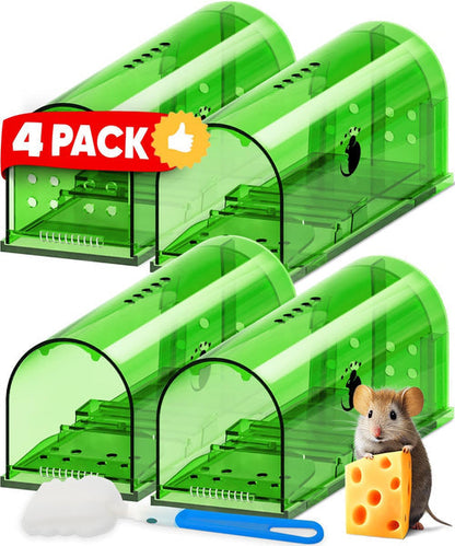 4-pack of humane live catch mouse traps for indoor/outdoor pest control. Reusable, pet & child safe, no-kill rodent solution.