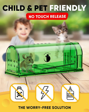 Reusable no-kill mouse traps (4-pack) for humane live catch rodent control in home, garage, basement. Pet & child safe.