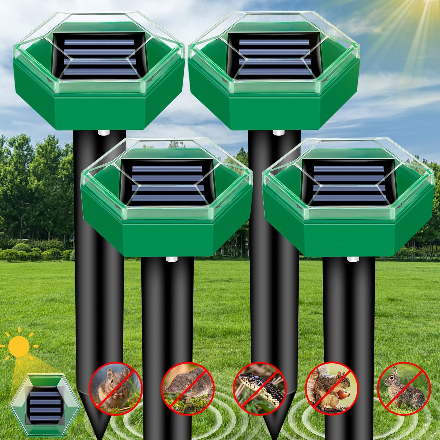 4-pack solar powered ultrasonic mole repellent spikes. Humane garden pest control for gophers, voles, & snakes.