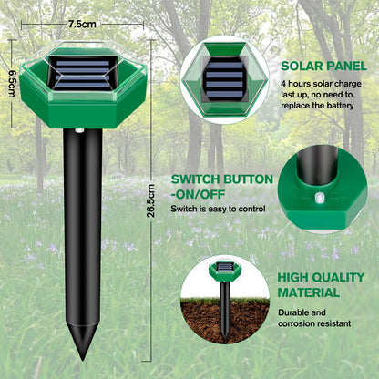 Ultrasonic mole repellent 4-pack, solar powered for garden & yard protection. Effective against gophers, voles, & pests.