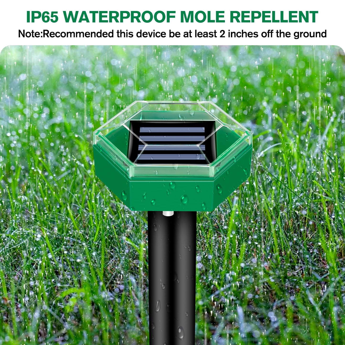 Humane 4-pack solar ultrasonic mole & gopher repellent spikes. Waterproof outdoor pest control for garden & lawn.