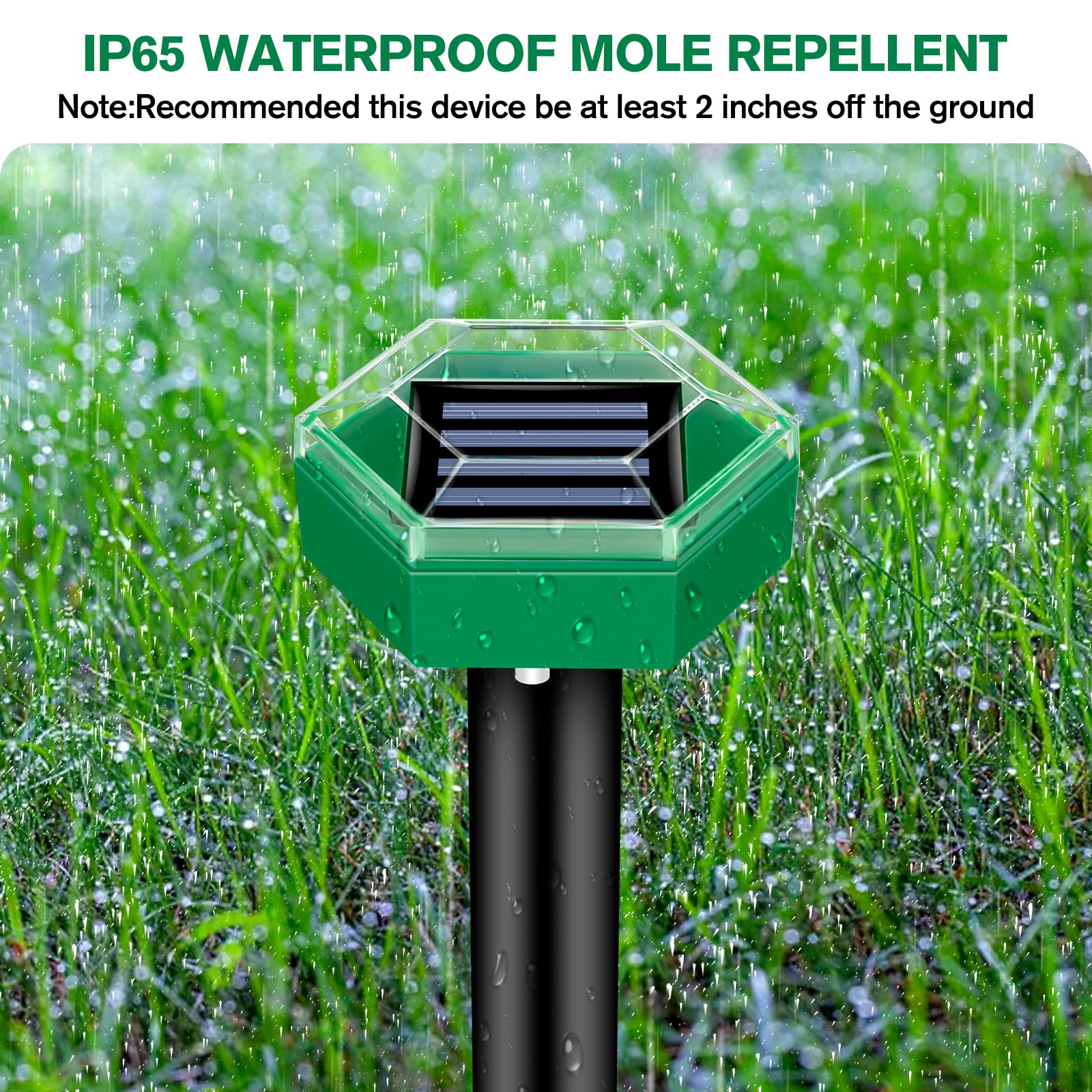 Humane 4-pack solar ultrasonic mole & gopher repellent spikes. Waterproof outdoor pest control for garden & lawn.
