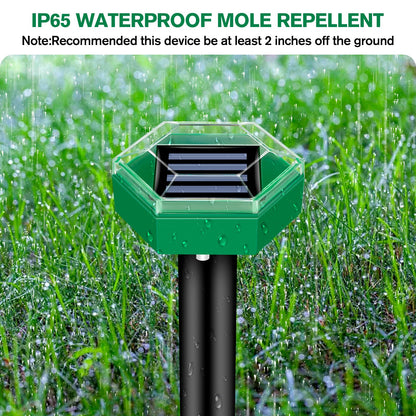 Humane 4-pack solar ultrasonic mole & gopher repellent spikes. Waterproof outdoor pest control for garden & lawn.