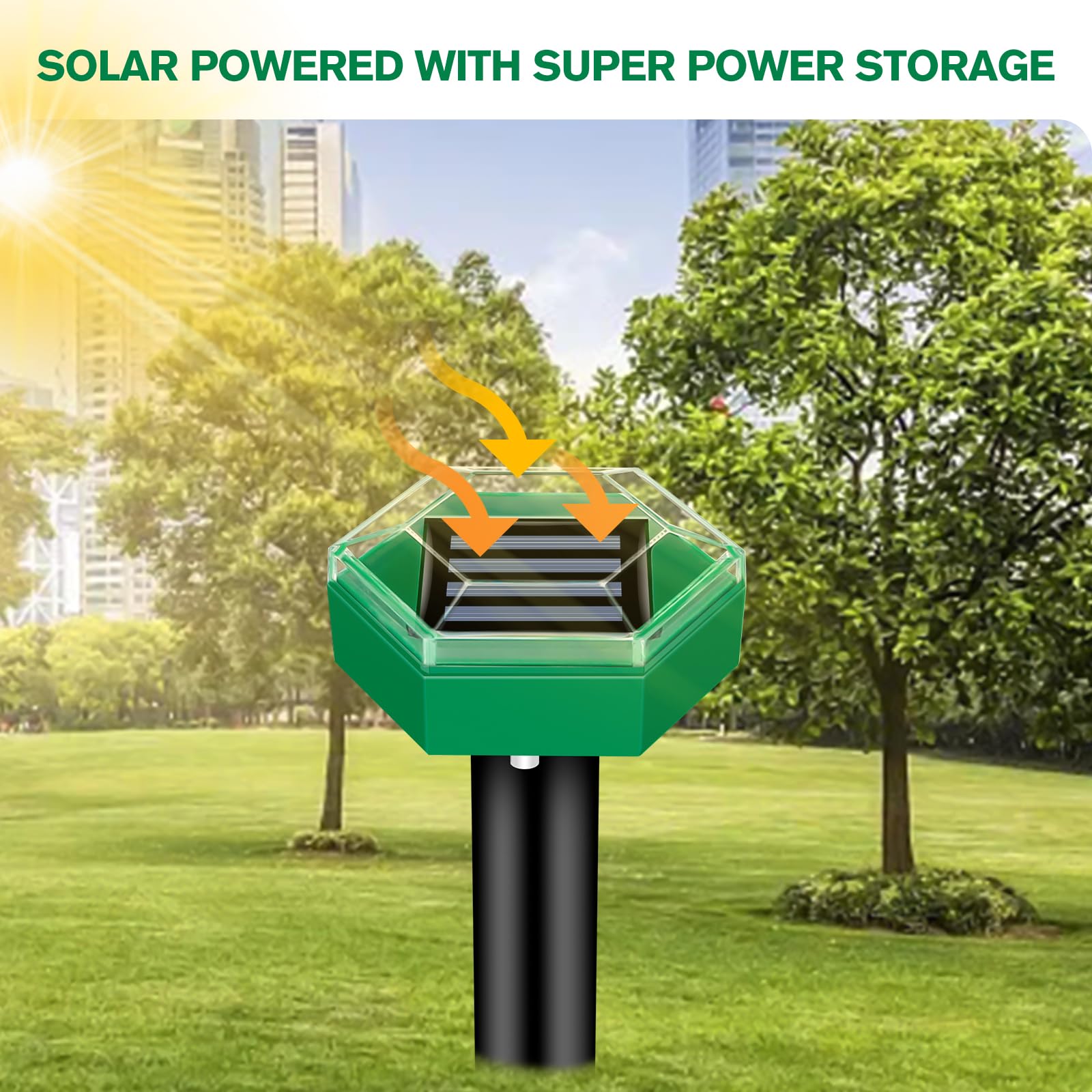Solar powered ultrasonic mole repellent 4-pack spikes in a garden. Humane, waterproof outdoor pest control.