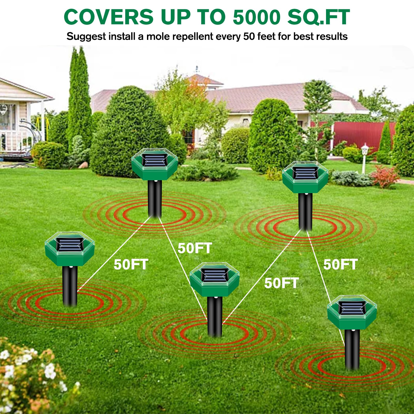 Close-up of a solar powered ultrasonic mole repellent spike in a lawn. Part of a 4-pack for yard protection.