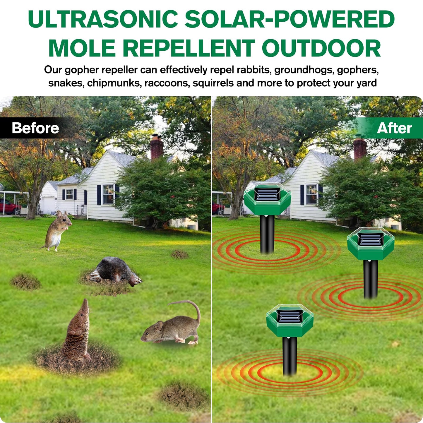 Complete 4-pack of solar powered ultrasonic mole, gopher, & vole repellent spikes for humane garden pest control.