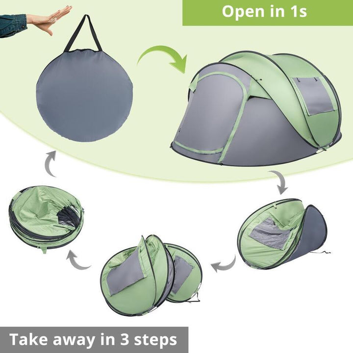 Waterproof 4 person pop-up tent in a green forest setting, showing its automatic setup feature