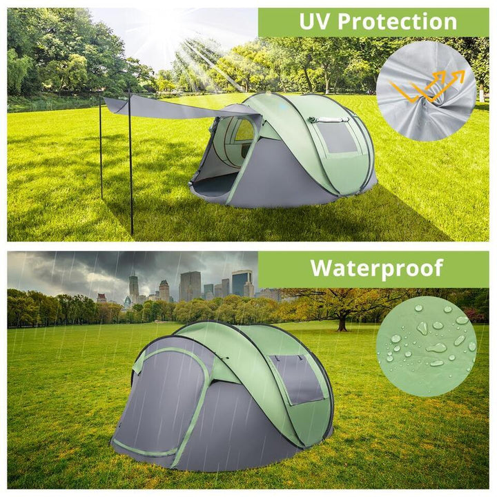 Compact 4 person pop-up camping tent with carrying bag, ready for easy transport and setup