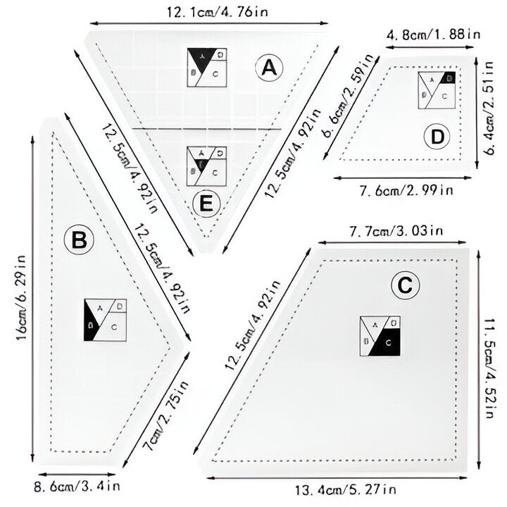 Acrylic quilting cutting templates (4 pcs) for accurate sewing & fabric craft projects. Ideal DIY patchwork precision tools.