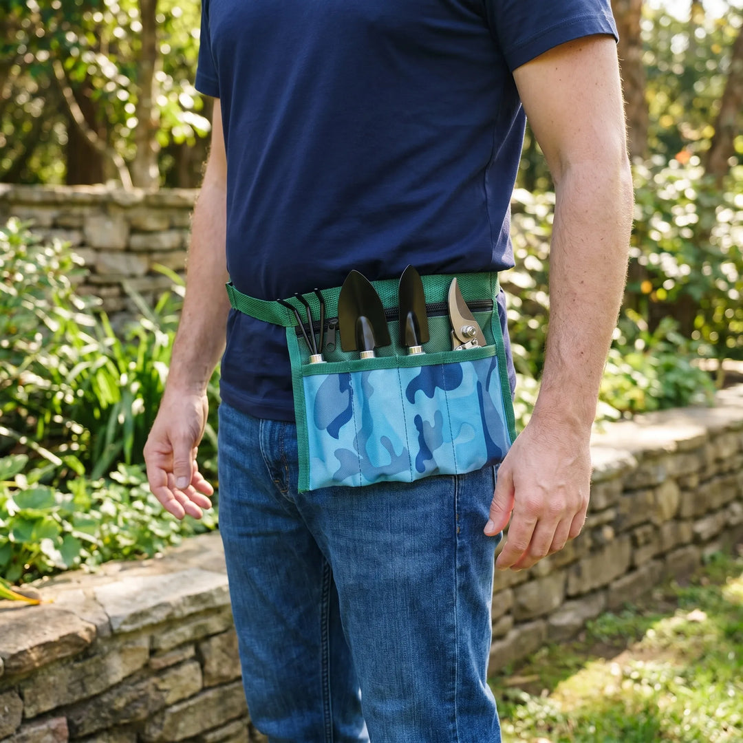 4-piece garden tool set: trowel, rake, cultivator, pruning shears. Handheld tools with waist pouch.