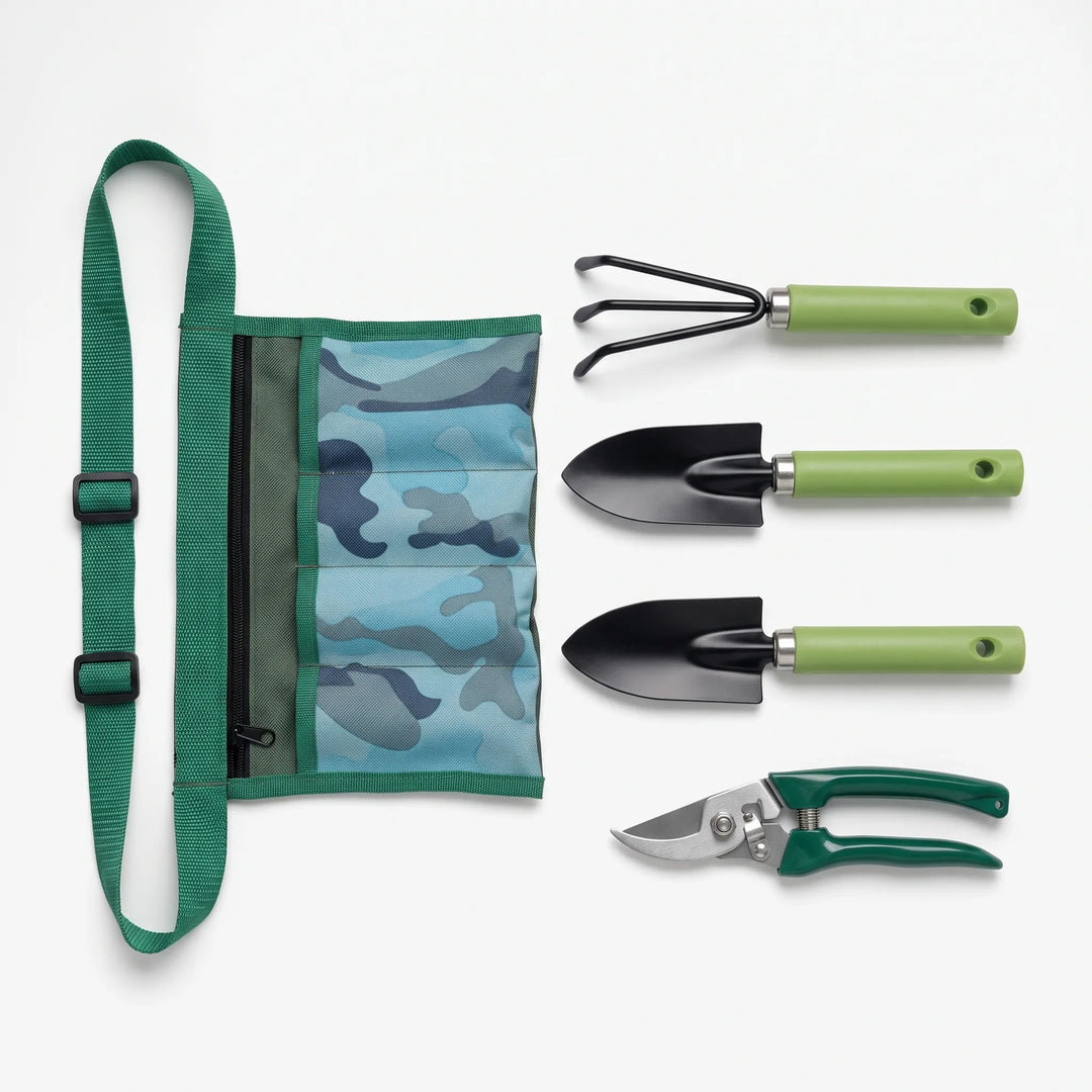 Garden tool kit with waist pouch for easy carrying. Handheld essentials for plant care, pruning, digging.