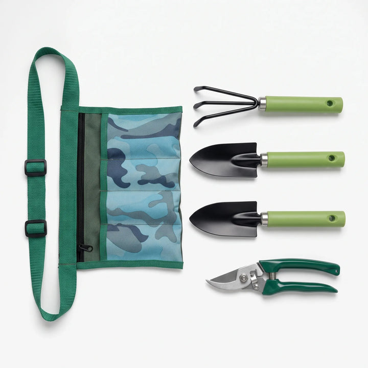 Garden tool kit with waist pouch for easy carrying. Handheld essentials for plant care, pruning, digging.