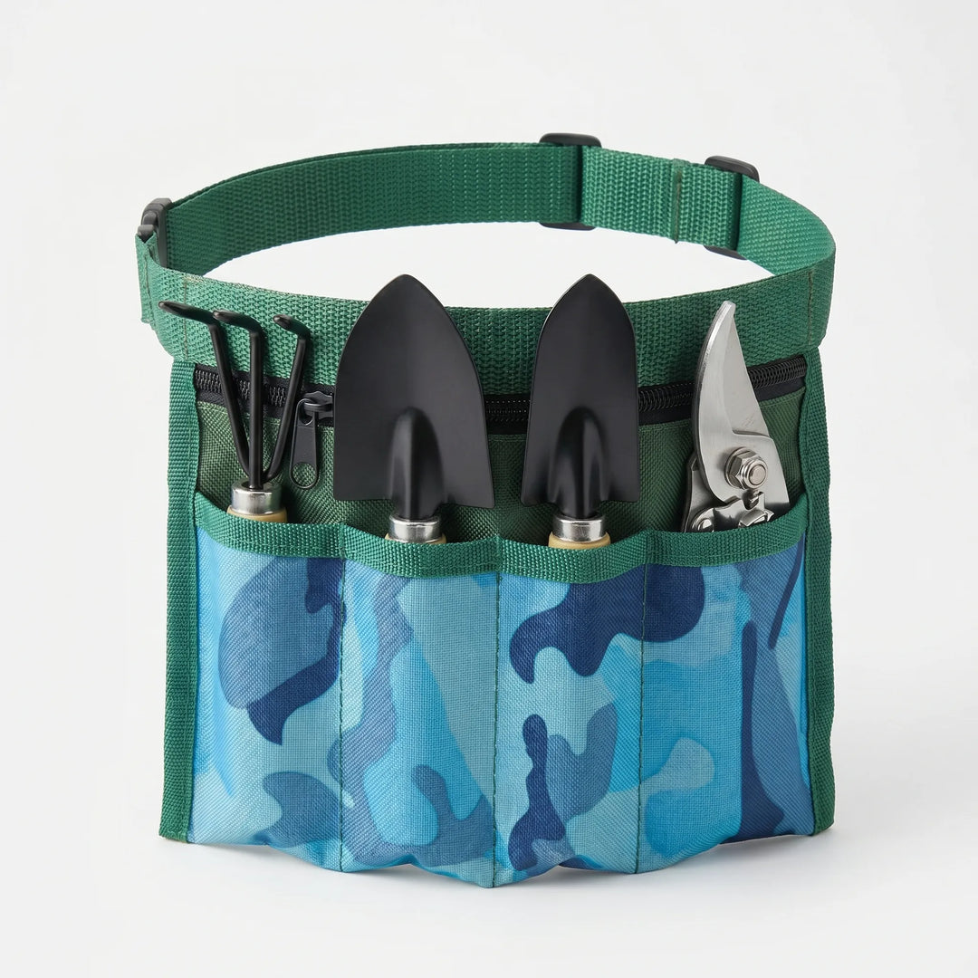 Durable garden tool set: ergonomic trowel, hand rake, cultivator, pruning shears for plant care.