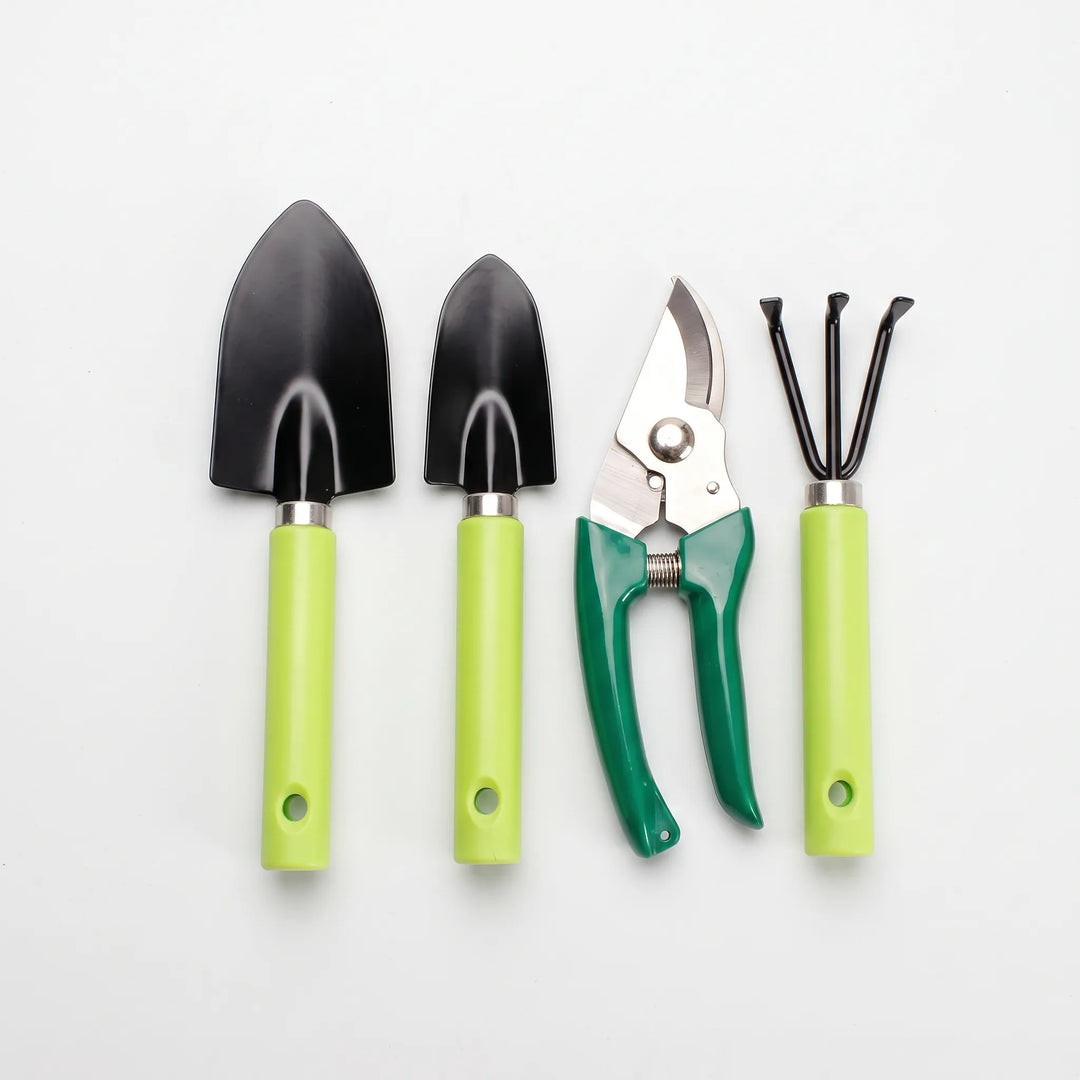 Handheld gardening tools: sharp pruning shears, sturdy trowel, hand rake. Comes with a convenient waist pouch.