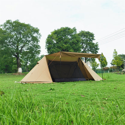 Detail interior view of 4-Season camping tent showing stove jack and ample space.