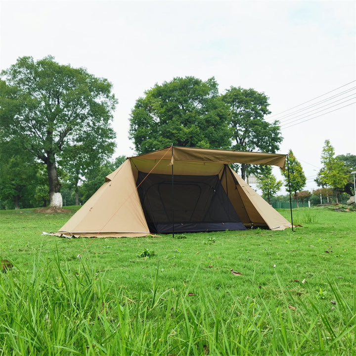 Detail interior view of 4-Season camping tent showing stove jack and ample space.