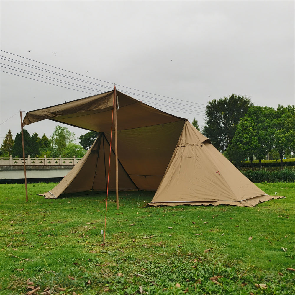 Setup process of the windproof 4-season outdoor shelter with visible stove jack.