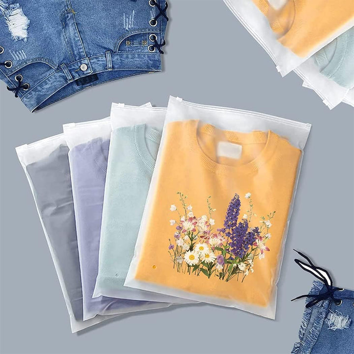 Versatile frosted storage sleeves, 40-pack, for organizing clothes, lingerie, & travel essentials.